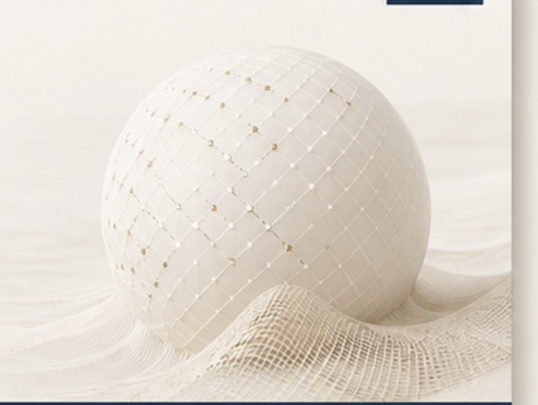 Abstract white globe-like health technology form with subtle dot grid